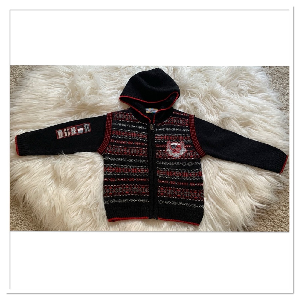 City Knit Ralph Lauren Fair Aisle Hooded Sweater Black Red Size 20 US 3